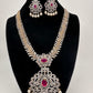 AD Diamond Finish Color Stone Floral Design Short Necklace - Red