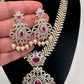 AD Diamond Finish Color Stone Floral Design Short Necklace - Red