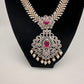 AD Diamond Finish Color Stone Floral Design Short Necklace - Red