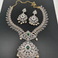 AD Diamond Finish Color Stone Floral Design Short Necklace - Green