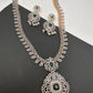 AD Diamond Finish Color Stone Mango Design Long Necklace - Green