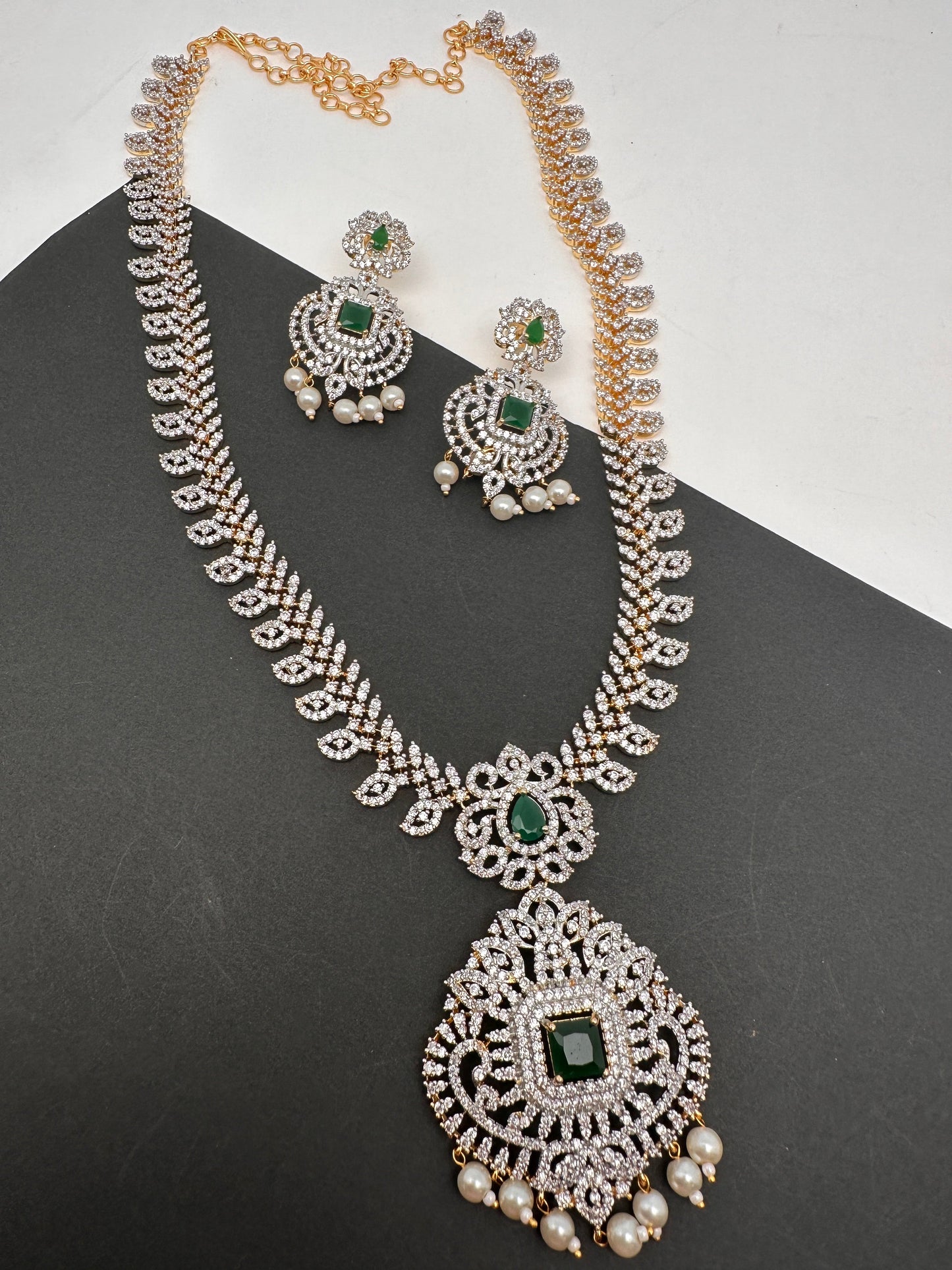 AD Diamond Finish Color Stone Mango Design Long Necklace - Green