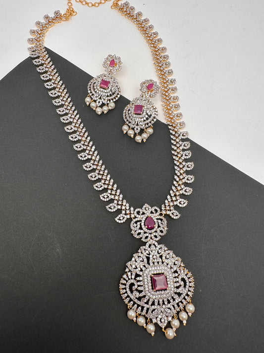 AD Diamond Finish Color Stone Mango Design Long Necklace - Red