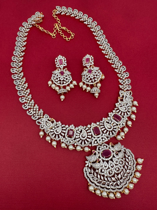 AD Diamond Finish Color Stone Peacock Design Long Necklace - Red