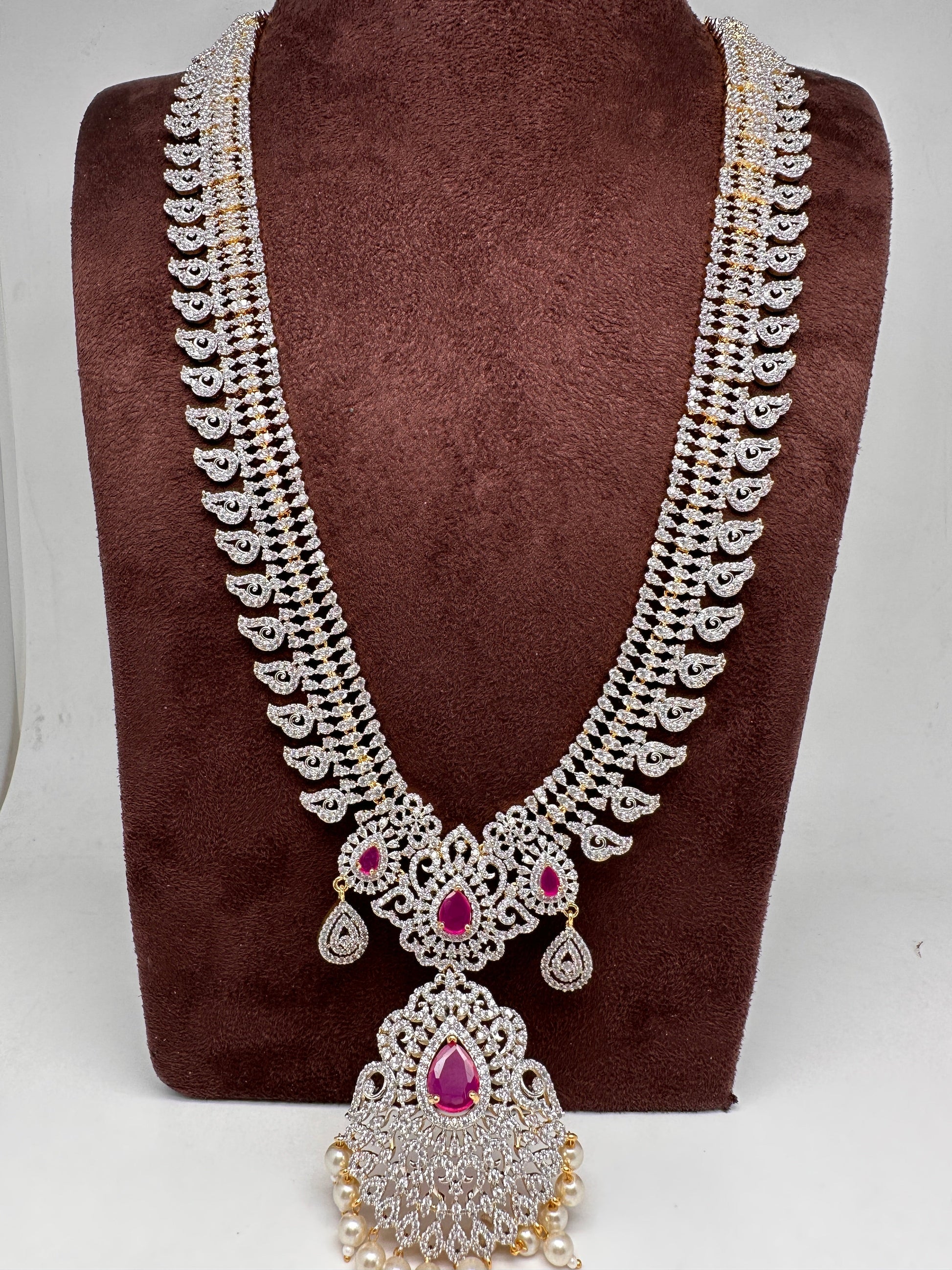 AD Diamond Finish Color Stone Mango Design Long Necklace - Red