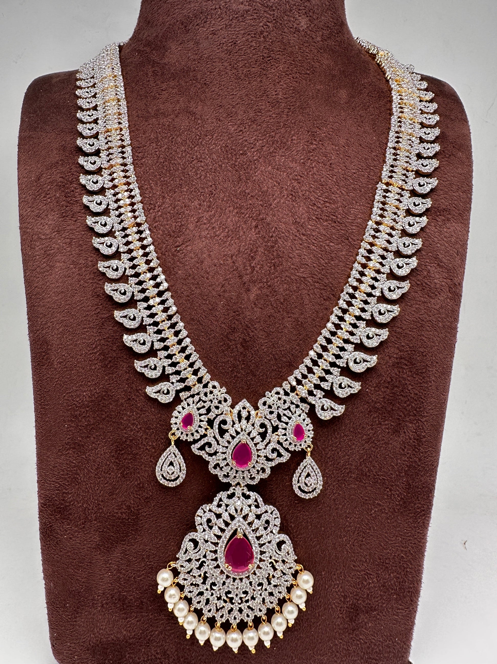 AD Diamond Finish Color Stone Mango Design Long Necklace - Red