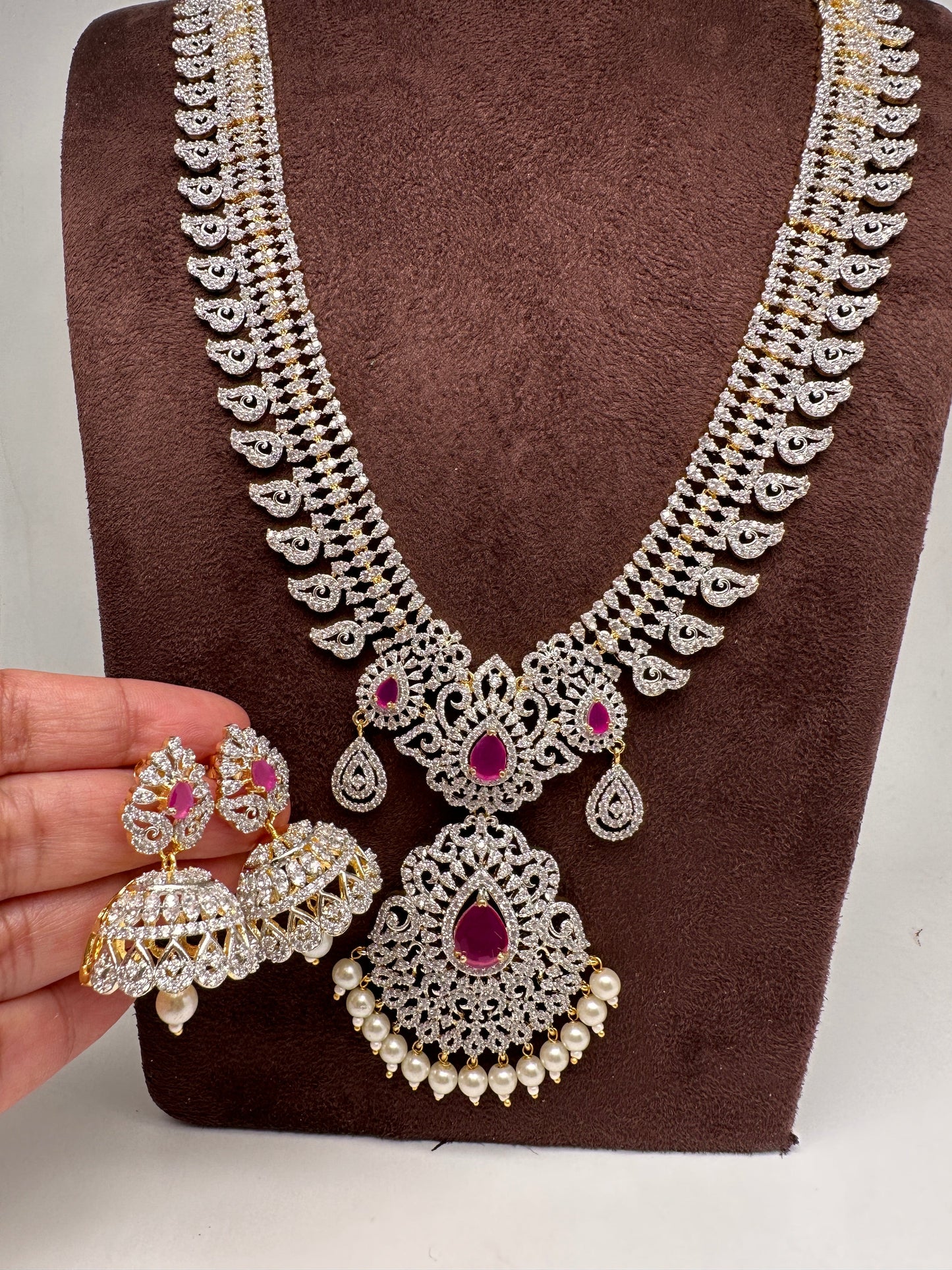 AD Diamond Finish Color Stone Mango Design Long Necklace - Red