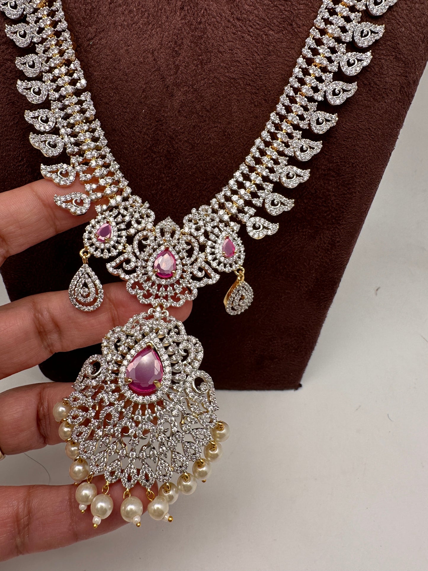 AD Diamond Finish Color Stone Mango Design Long Necklace - Red