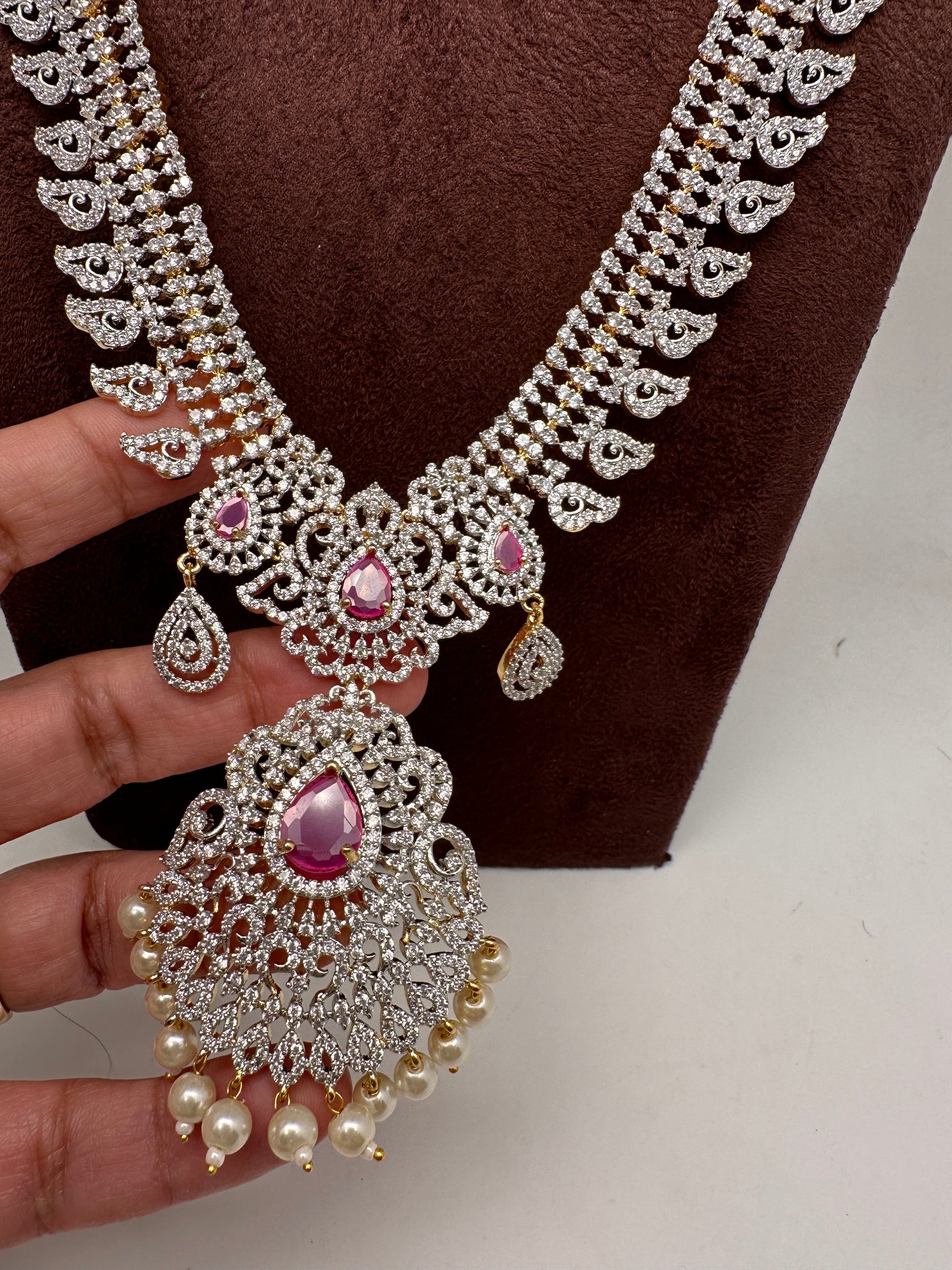 AD Diamond Finish Color Stone Mango Design Long Necklace - Red