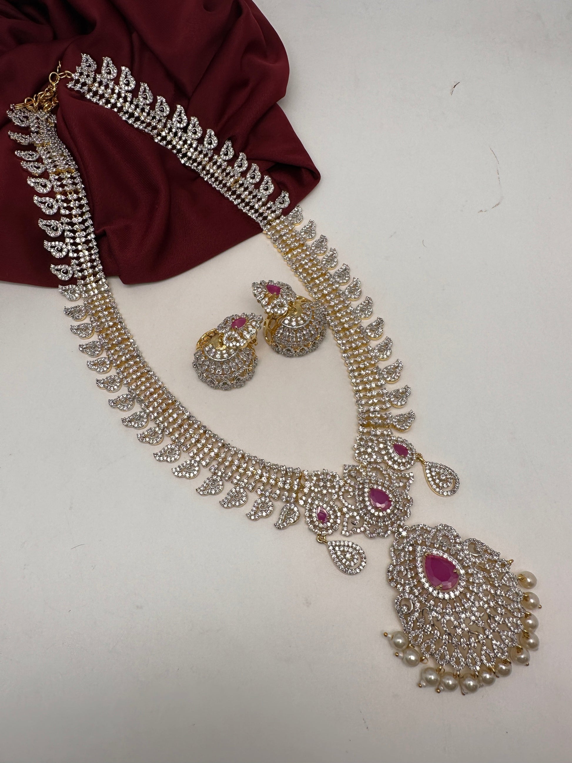 AD Diamond Finish Color Stone Mango Design Long Necklace - Red