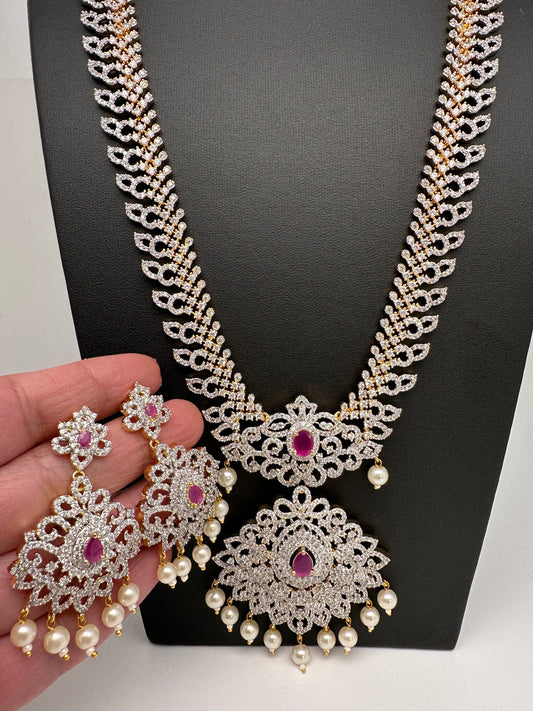 AD Diamond Finish Color Stone Mango Design Long Necklace - Red