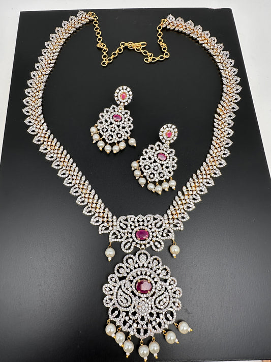 AD Diamond Finish Color Stone Mango Design Long Necklace - Red