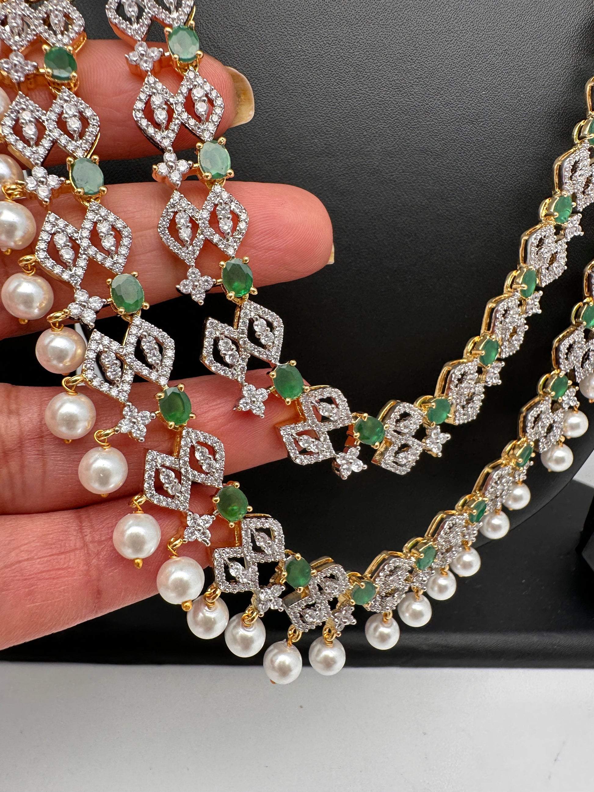 AD Color Stone Double Layer Do Lada Long Necklace - Green