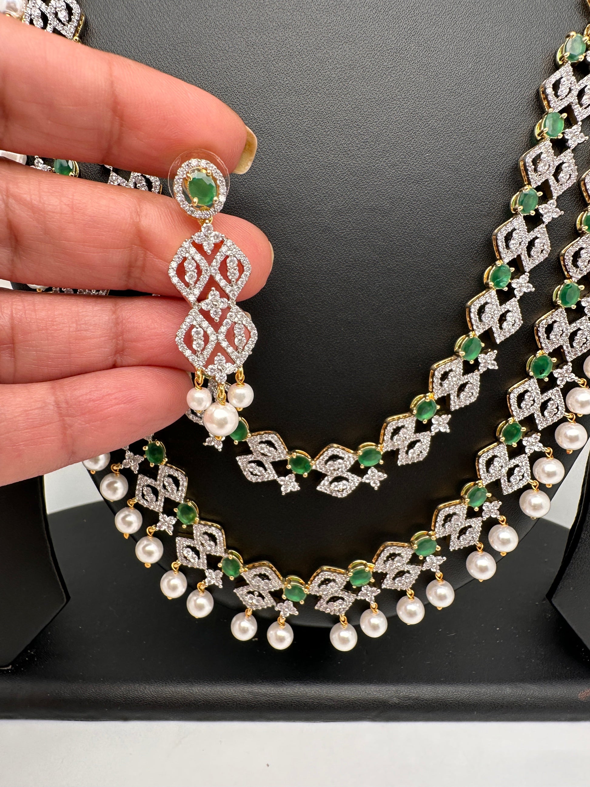 AD Color Stone Double Layer Do Lada Long Necklace - Green