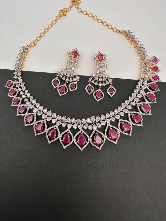 AD Color Stone Neckline Short Necklace - Red
