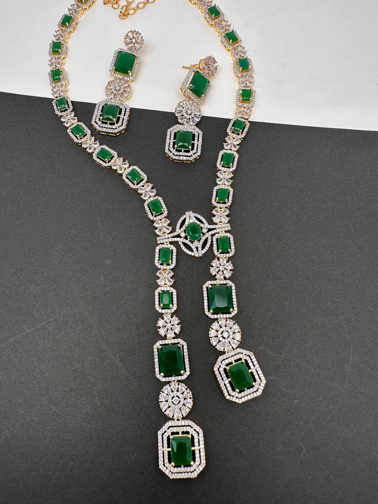 AD Color Stone Long Necklace - Green