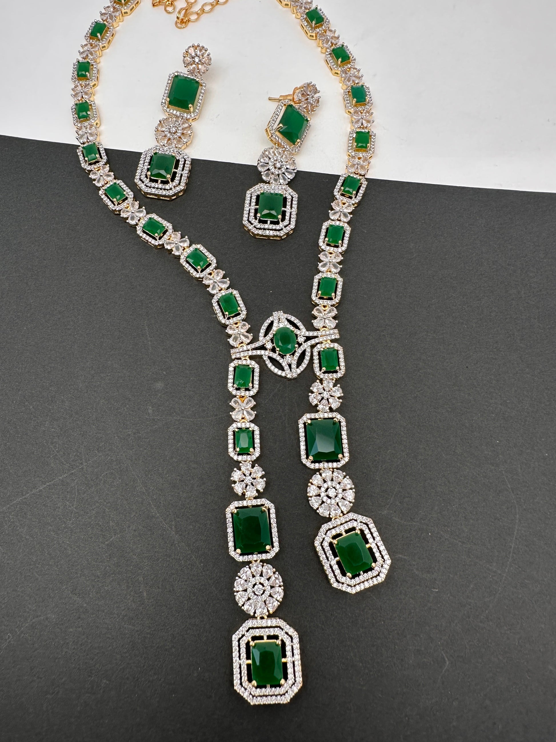 AD Color Stone Long Necklace - Green