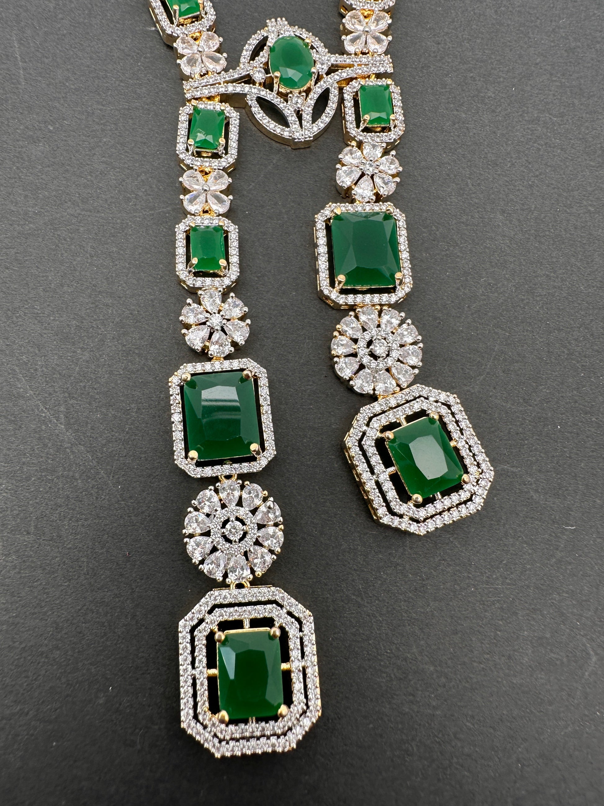 AD Color Stone Long Necklace - Green