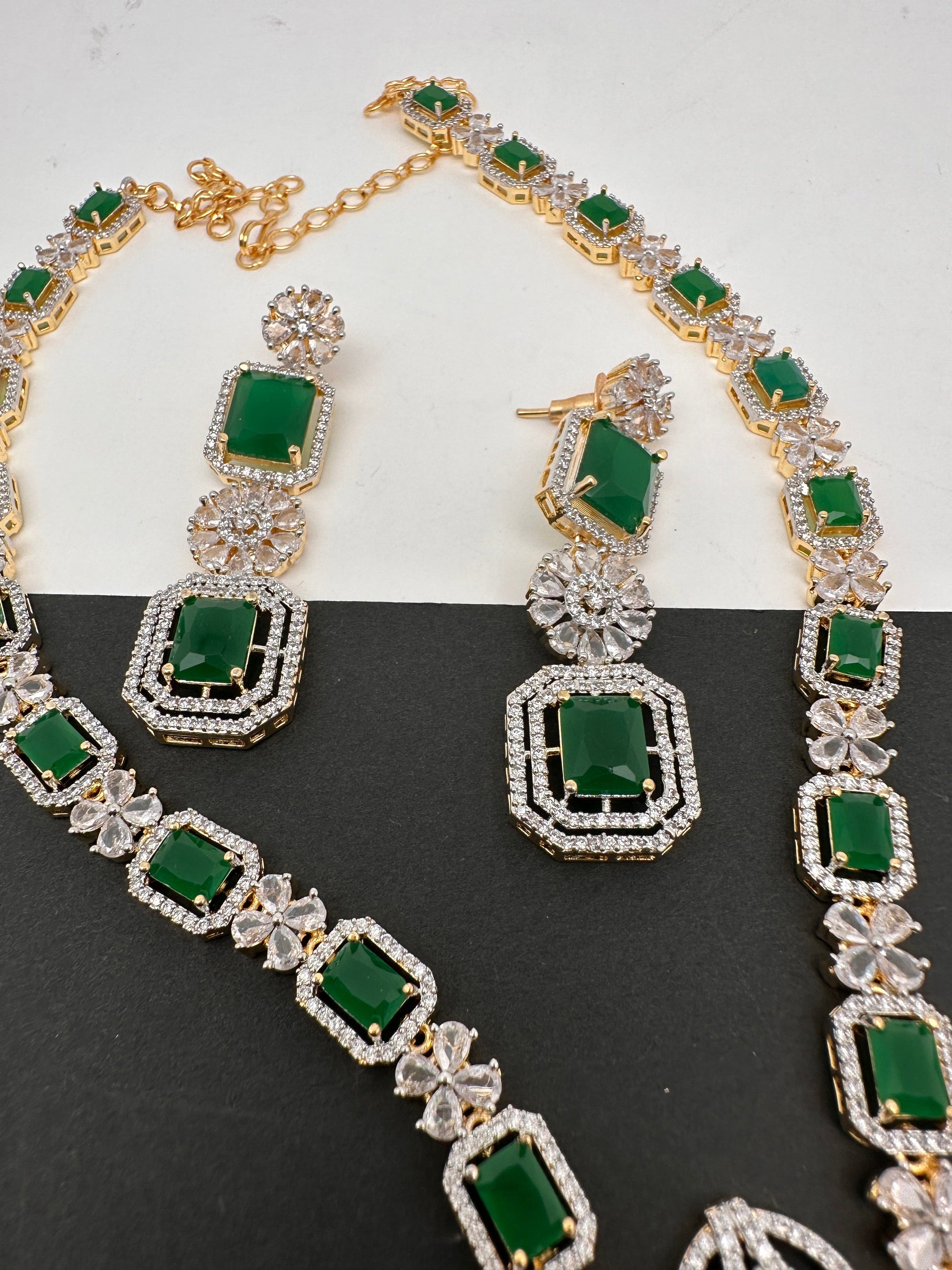 AD Color Stone Long Necklace - Green