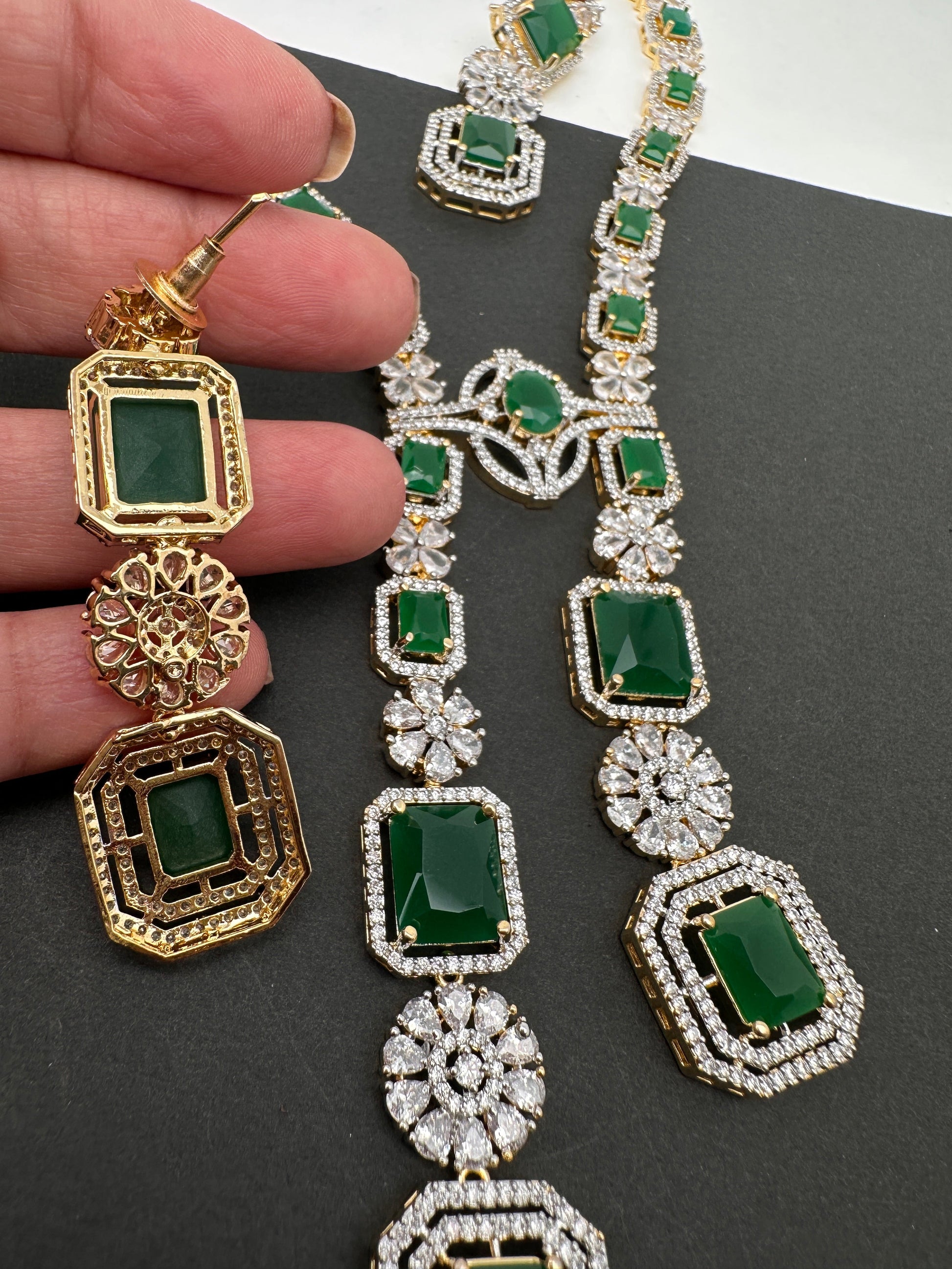 AD Color Stone Long Necklace - Green