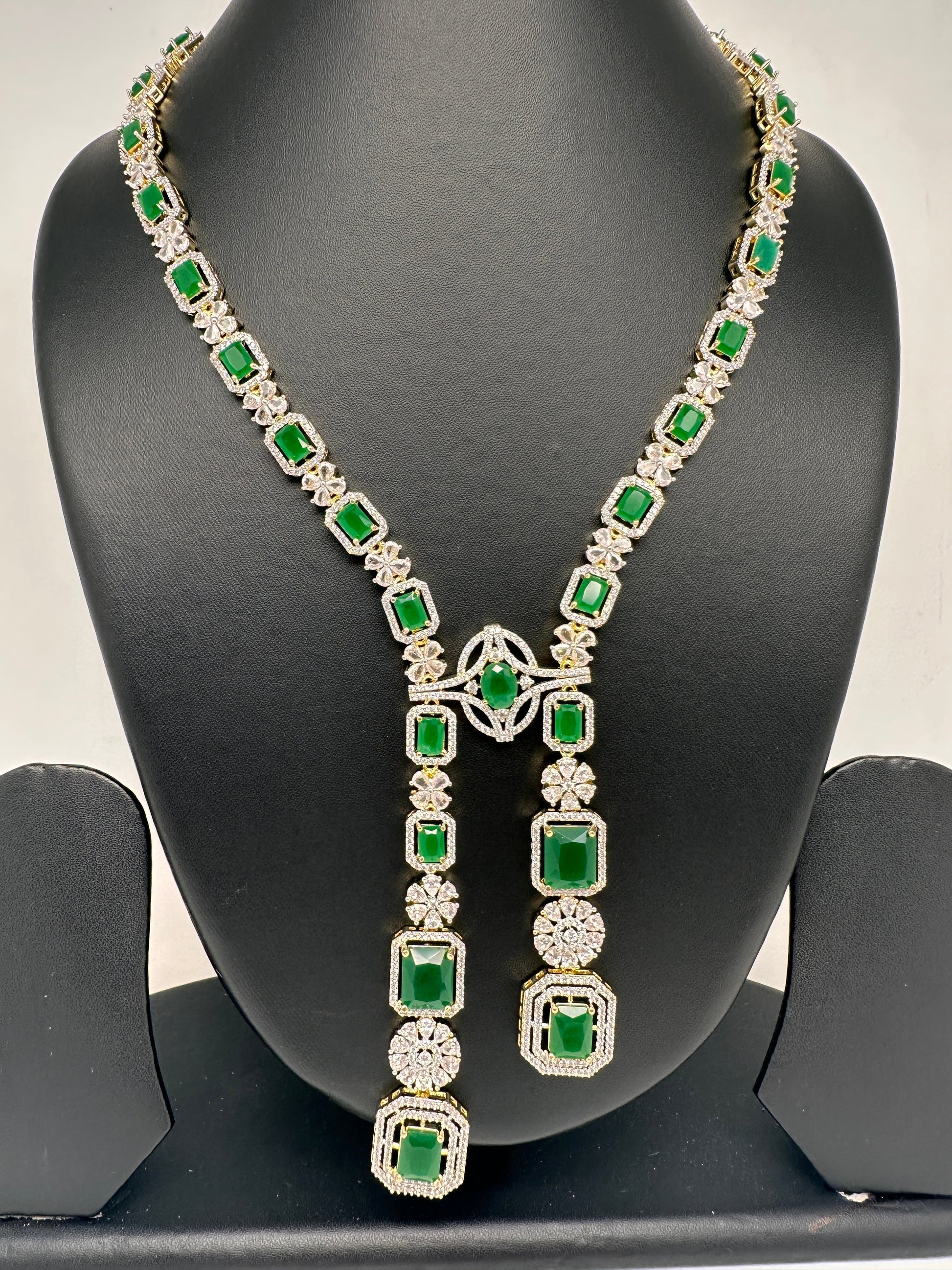 AD Color Stone Long Necklace - Green
