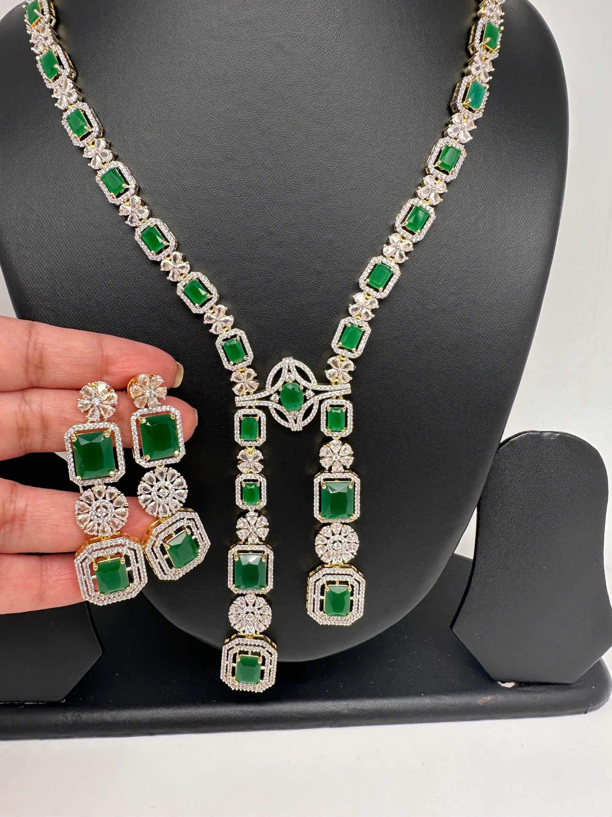 AD Color Stone Long Necklace - Green