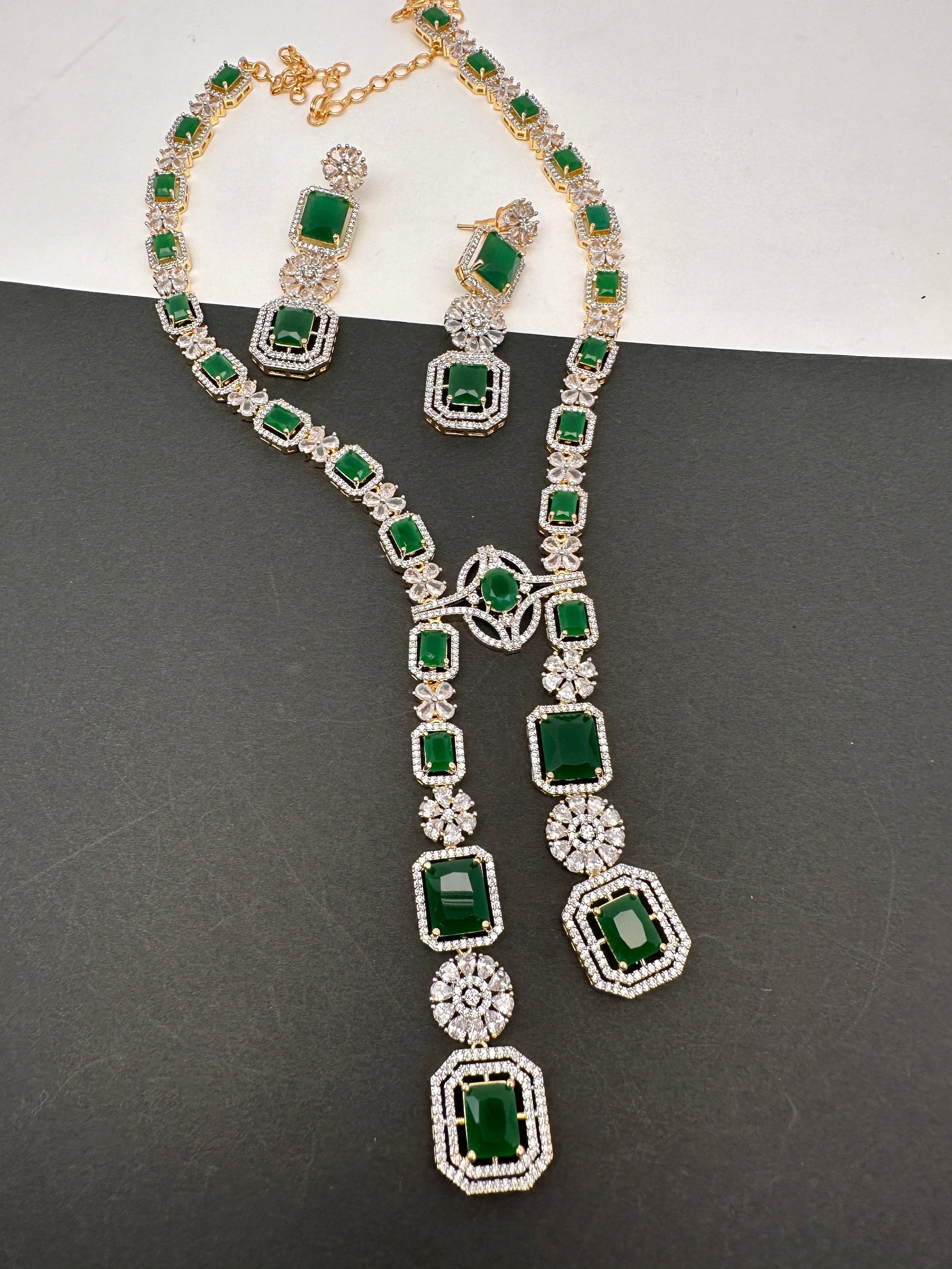 AD Color Stone Long Necklace - Green