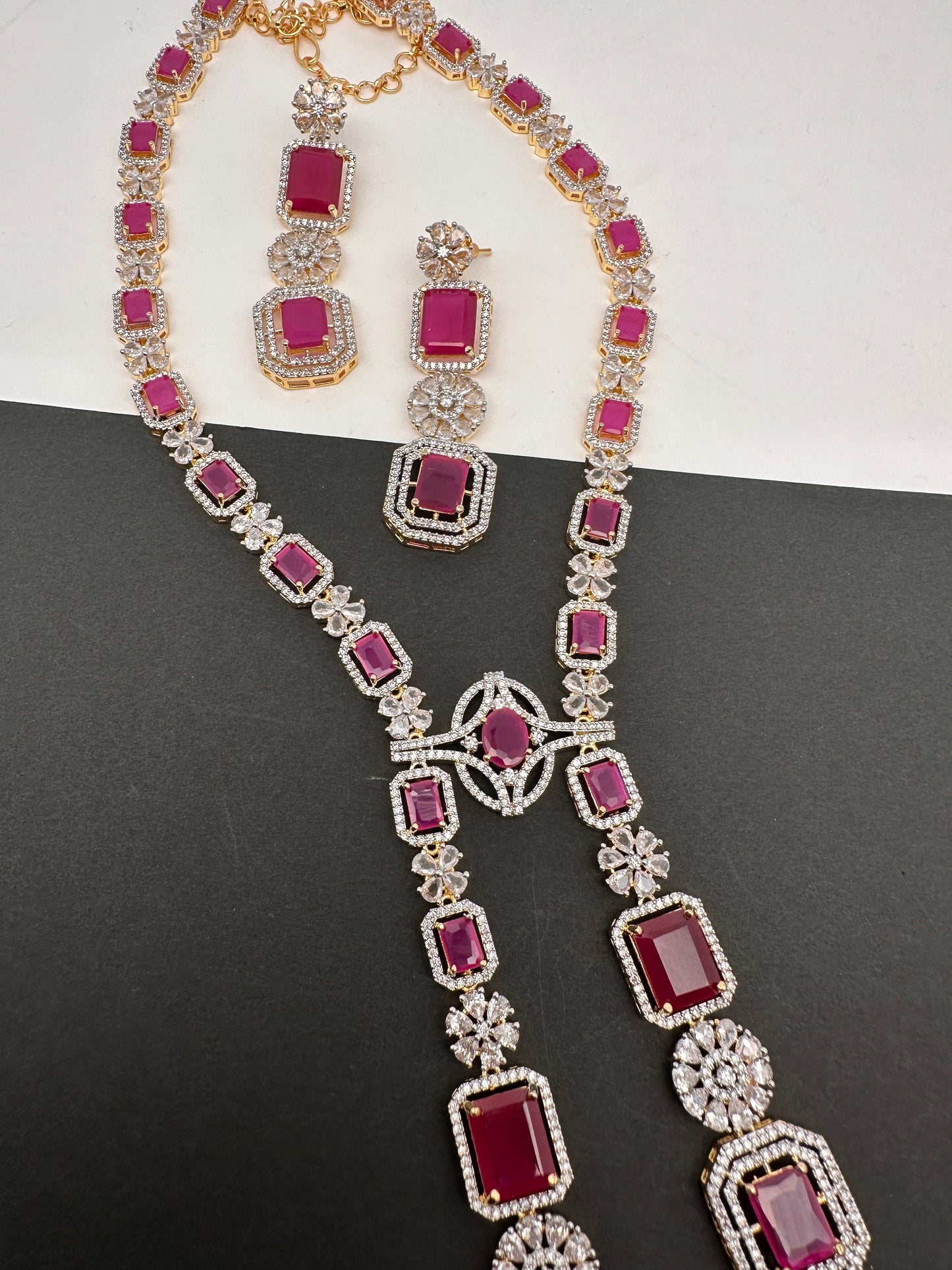 AD Color Stone Long Necklace - Red