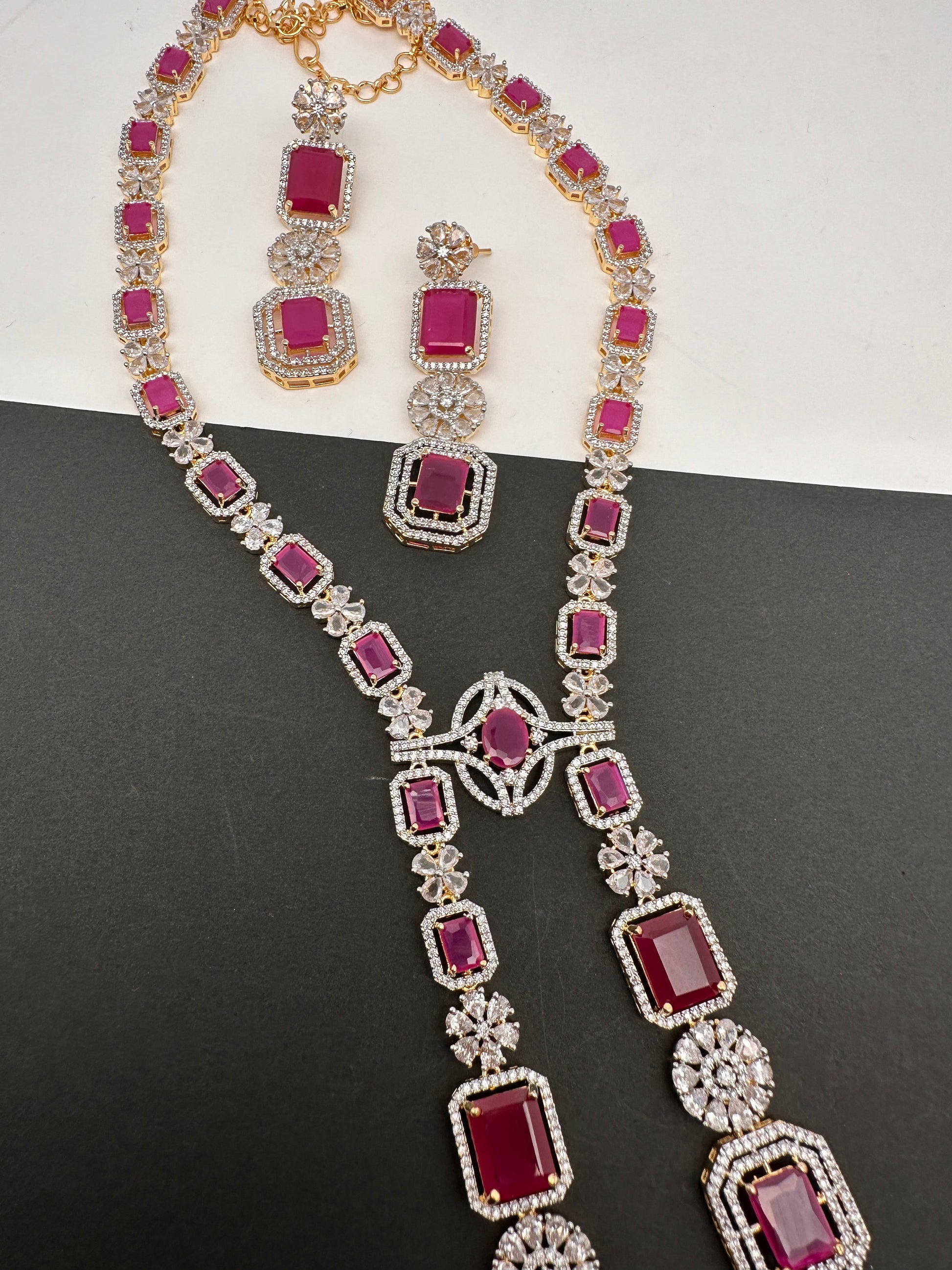 AD Color Stone Long Necklace - Red
