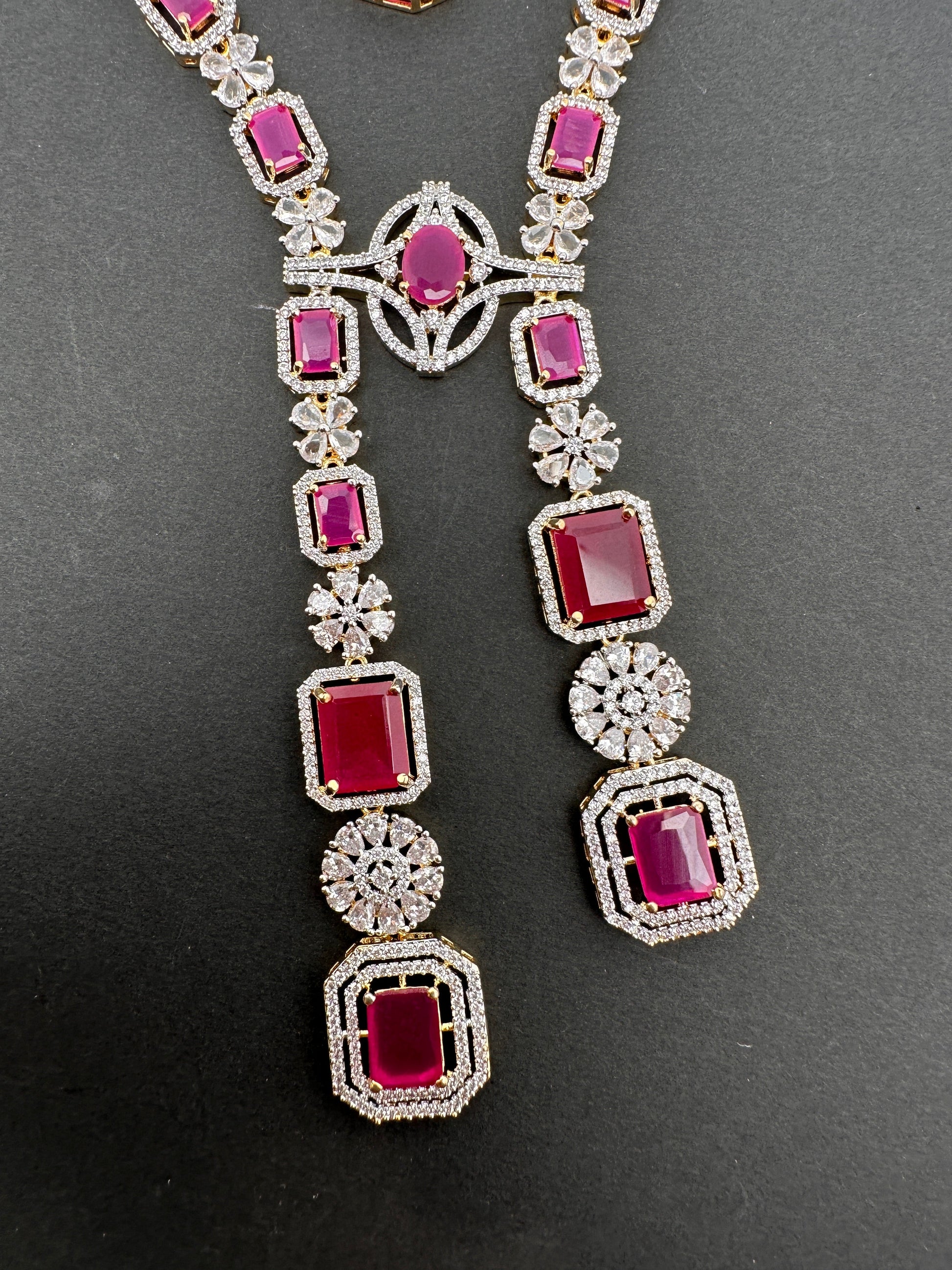 AD Color Stone Long Necklace - Red
