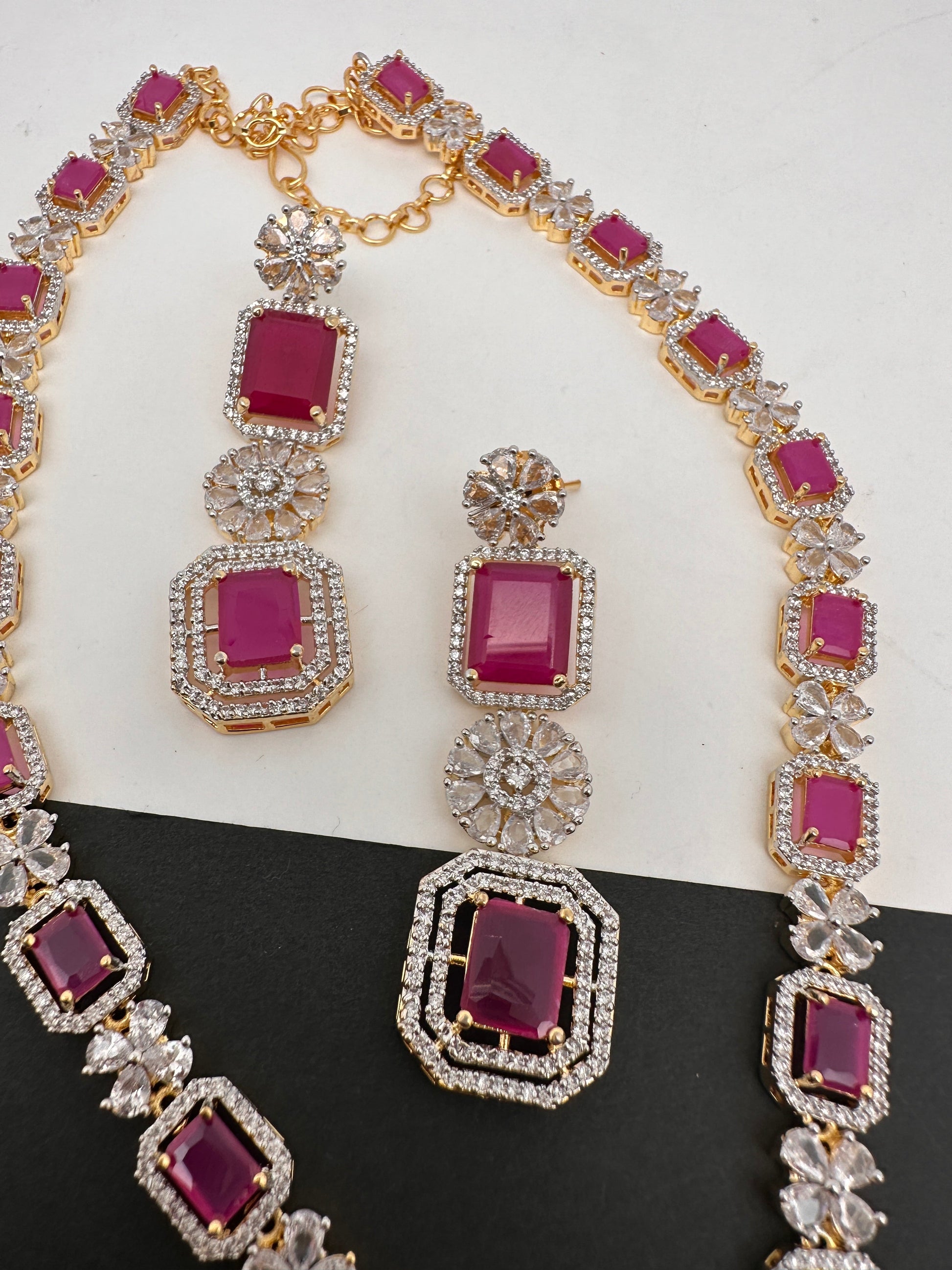 AD Color Stone Long Necklace - Red