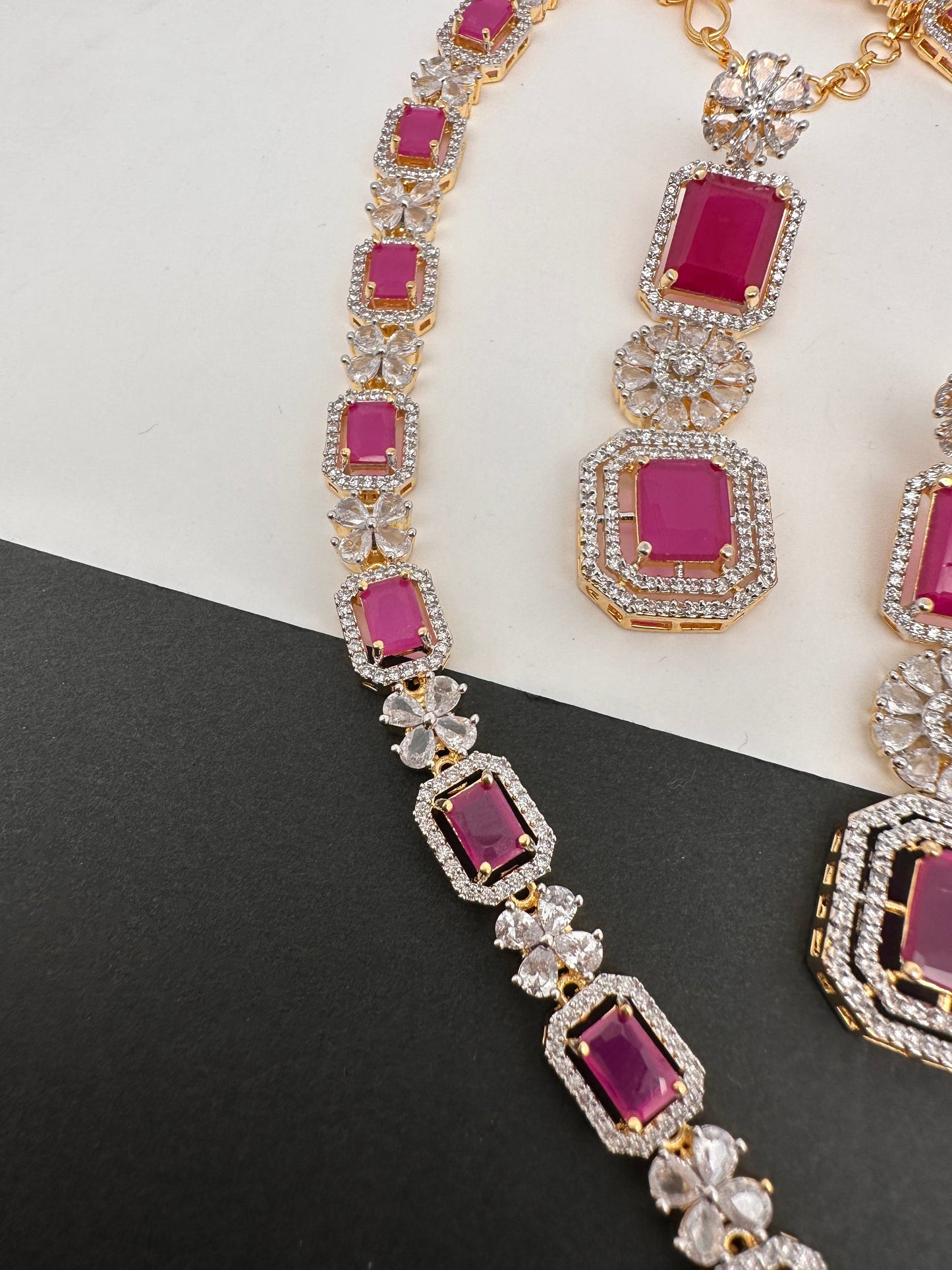 AD Color Stone Long Necklace - Red