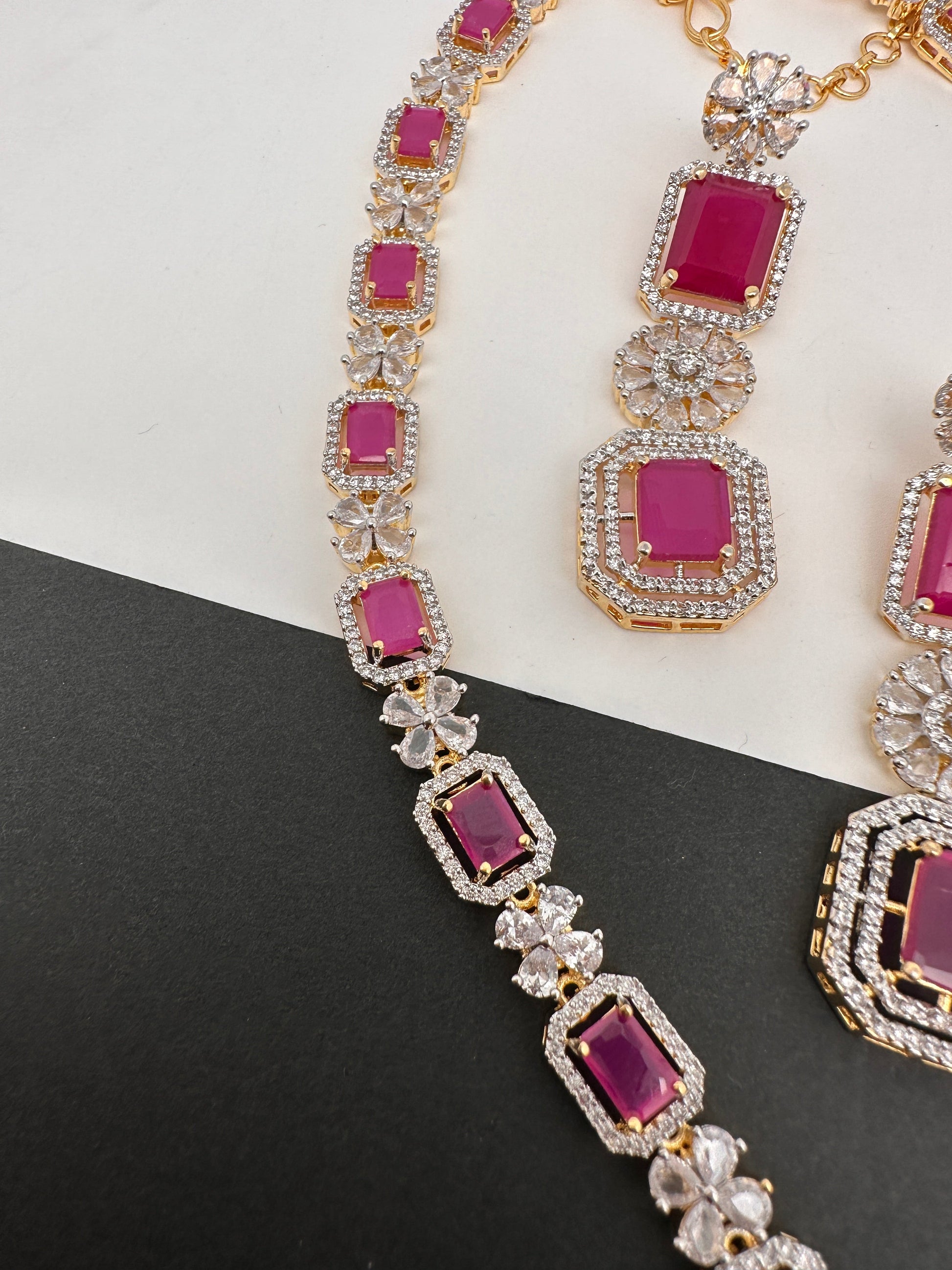 AD Color Stone Long Necklace - Red