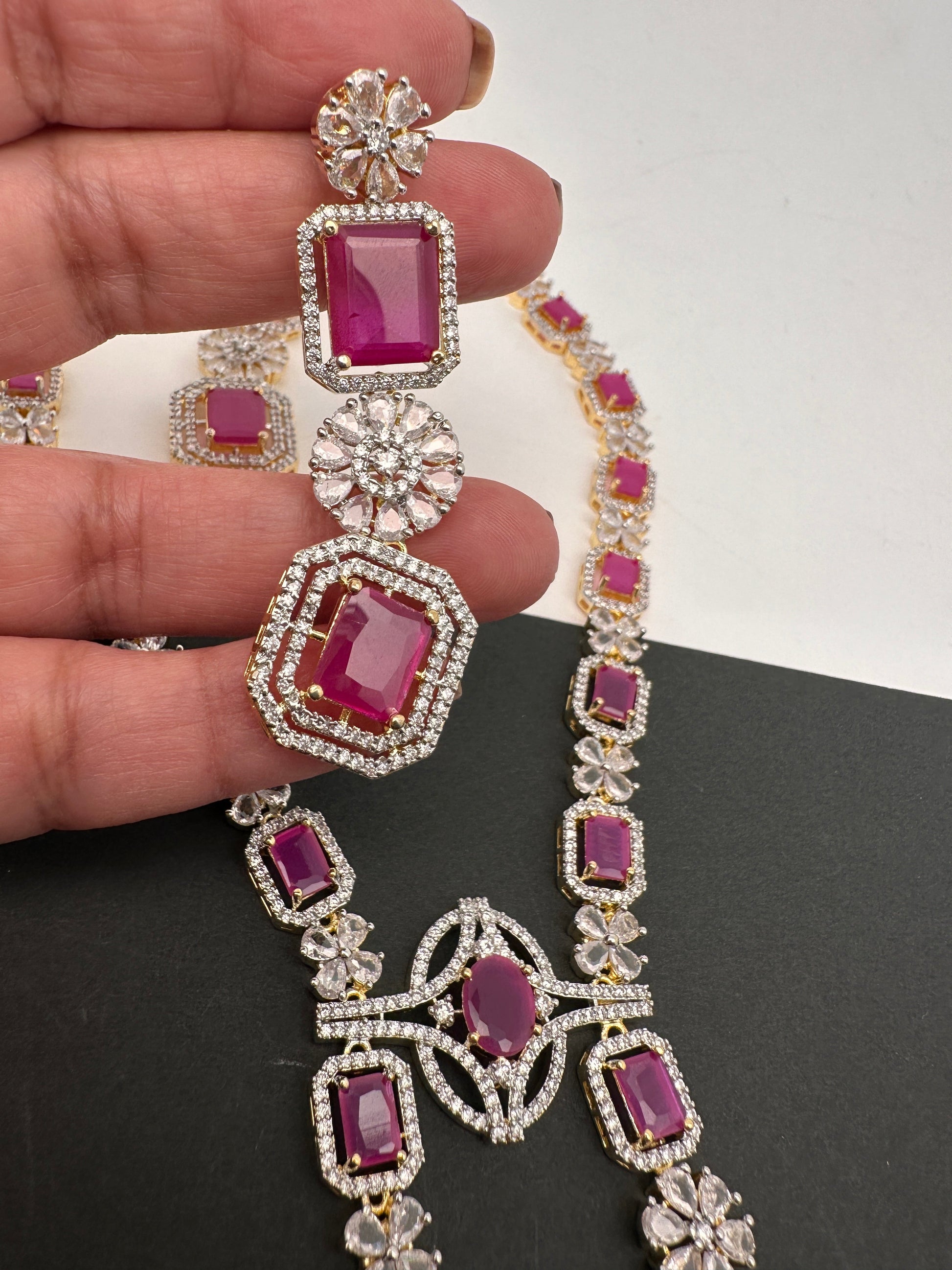 AD Color Stone Long Necklace - Red