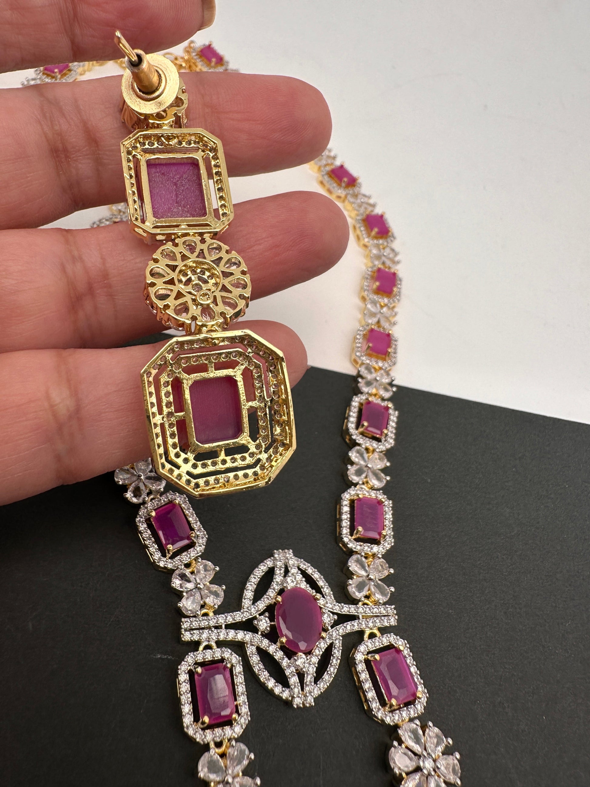 AD Color Stone Long Necklace - Red