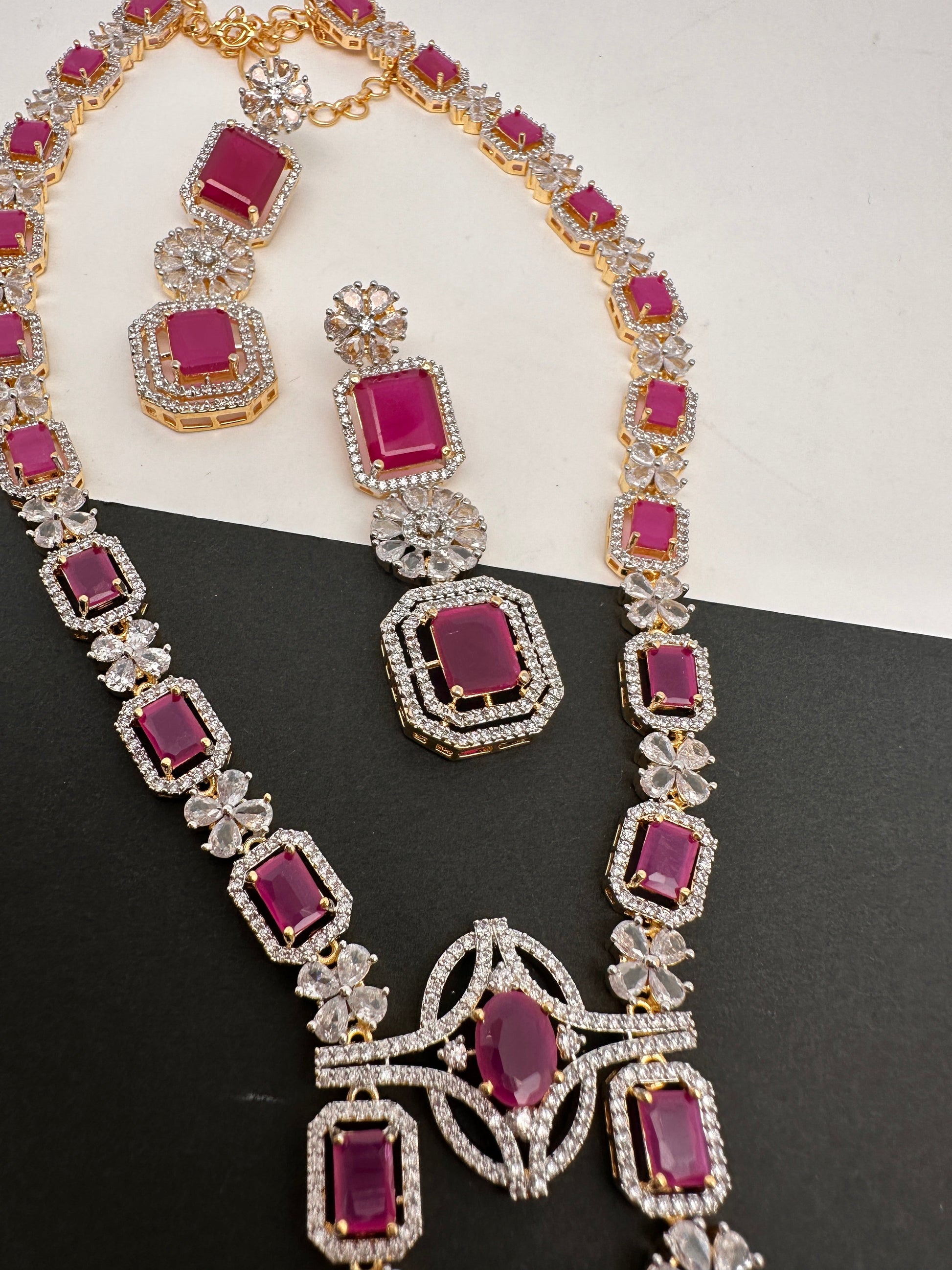 AD Color Stone Long Necklace - Red