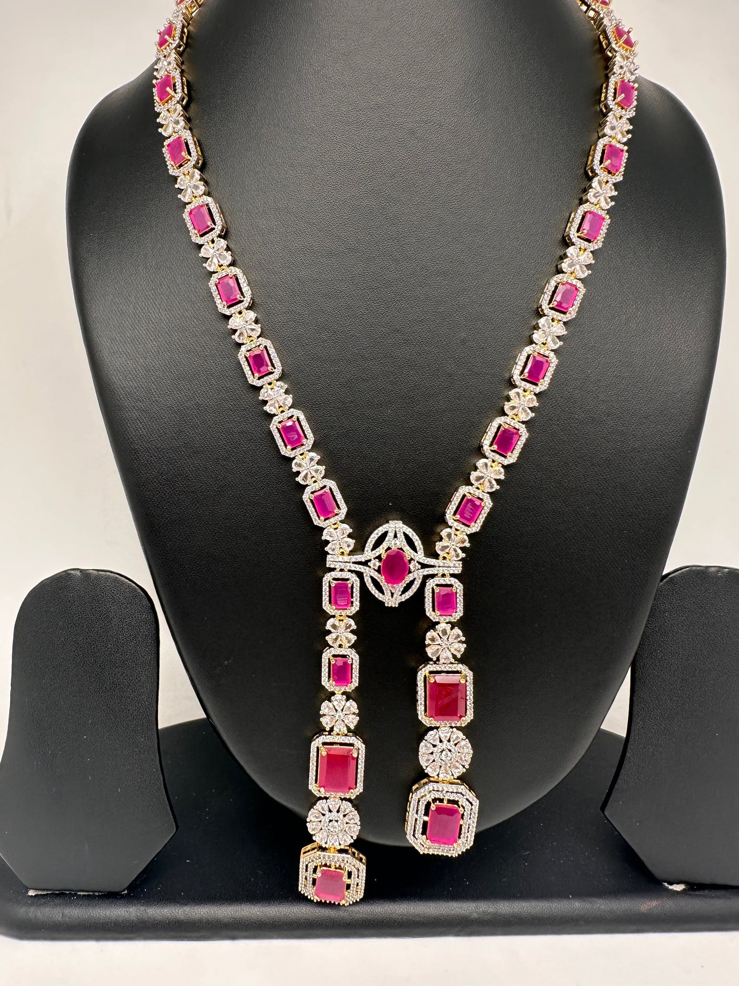 AD Color Stone Long Necklace - Red