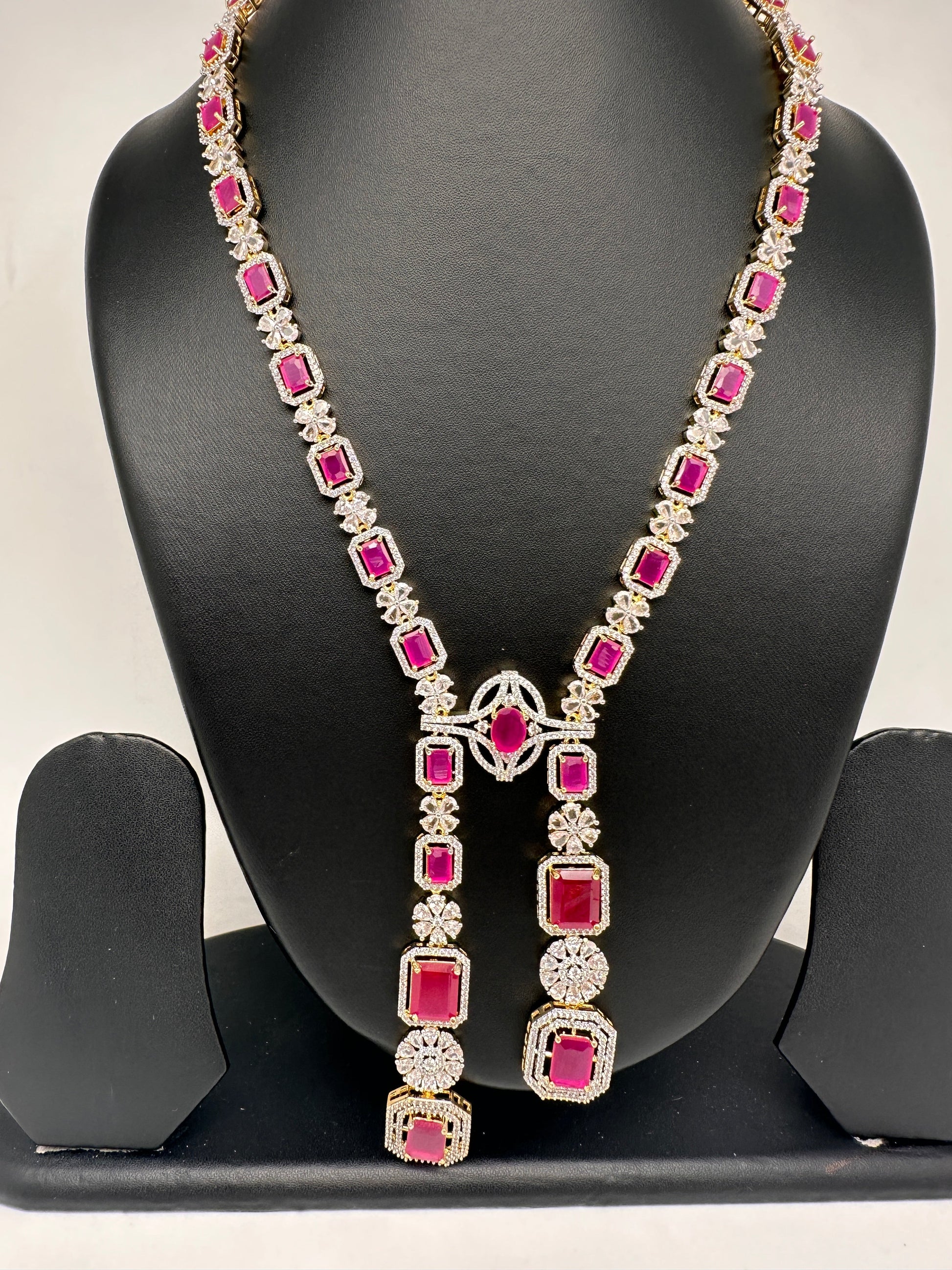 AD Color Stone Long Necklace - Red