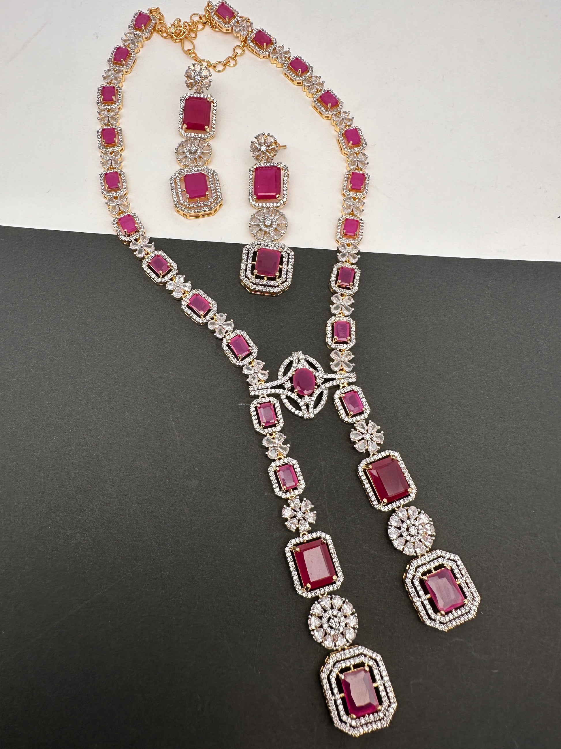 AD Color Stone Long Necklace - Red