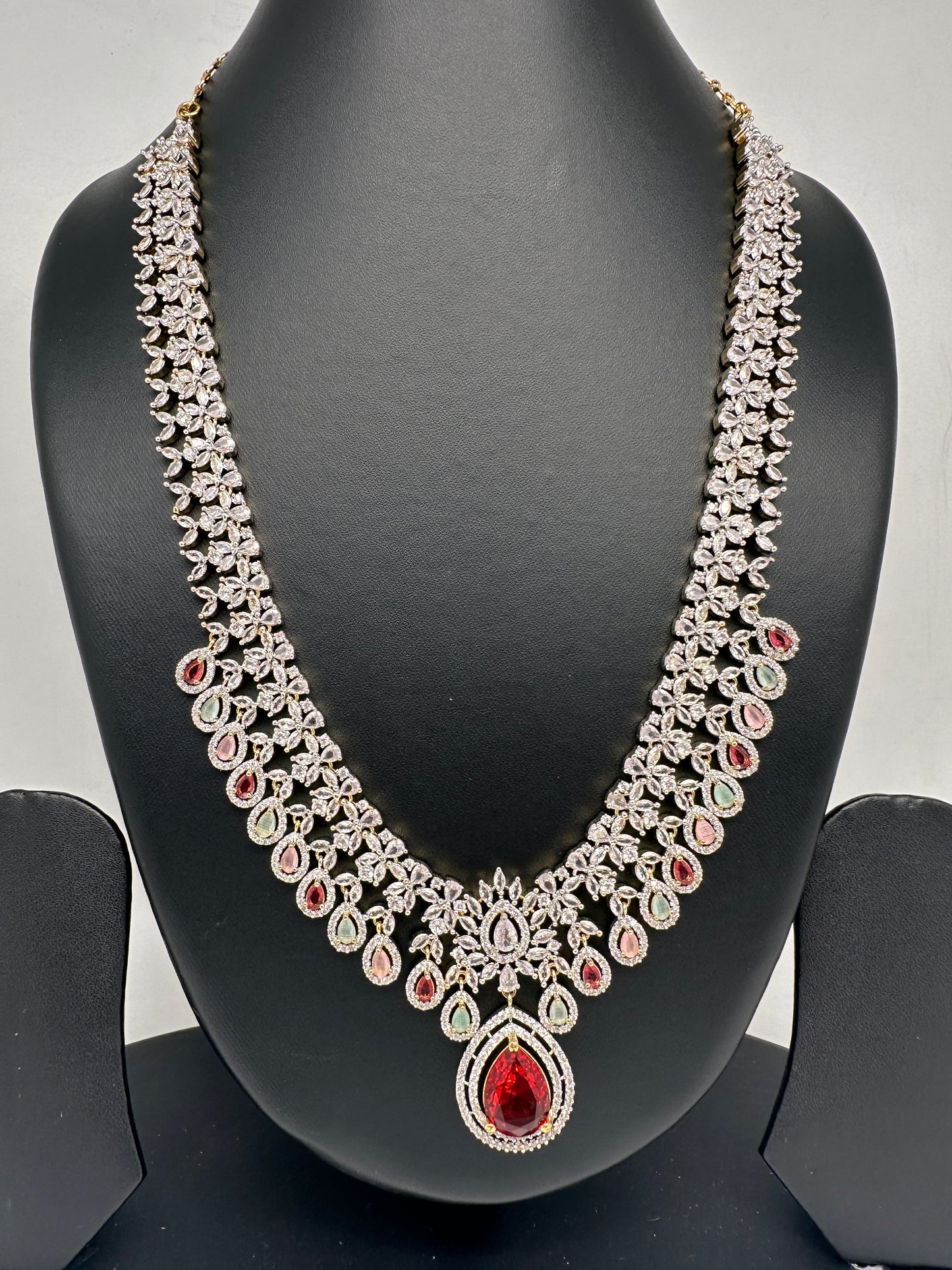 AD Red Stone Multi Color Links Short Necklace