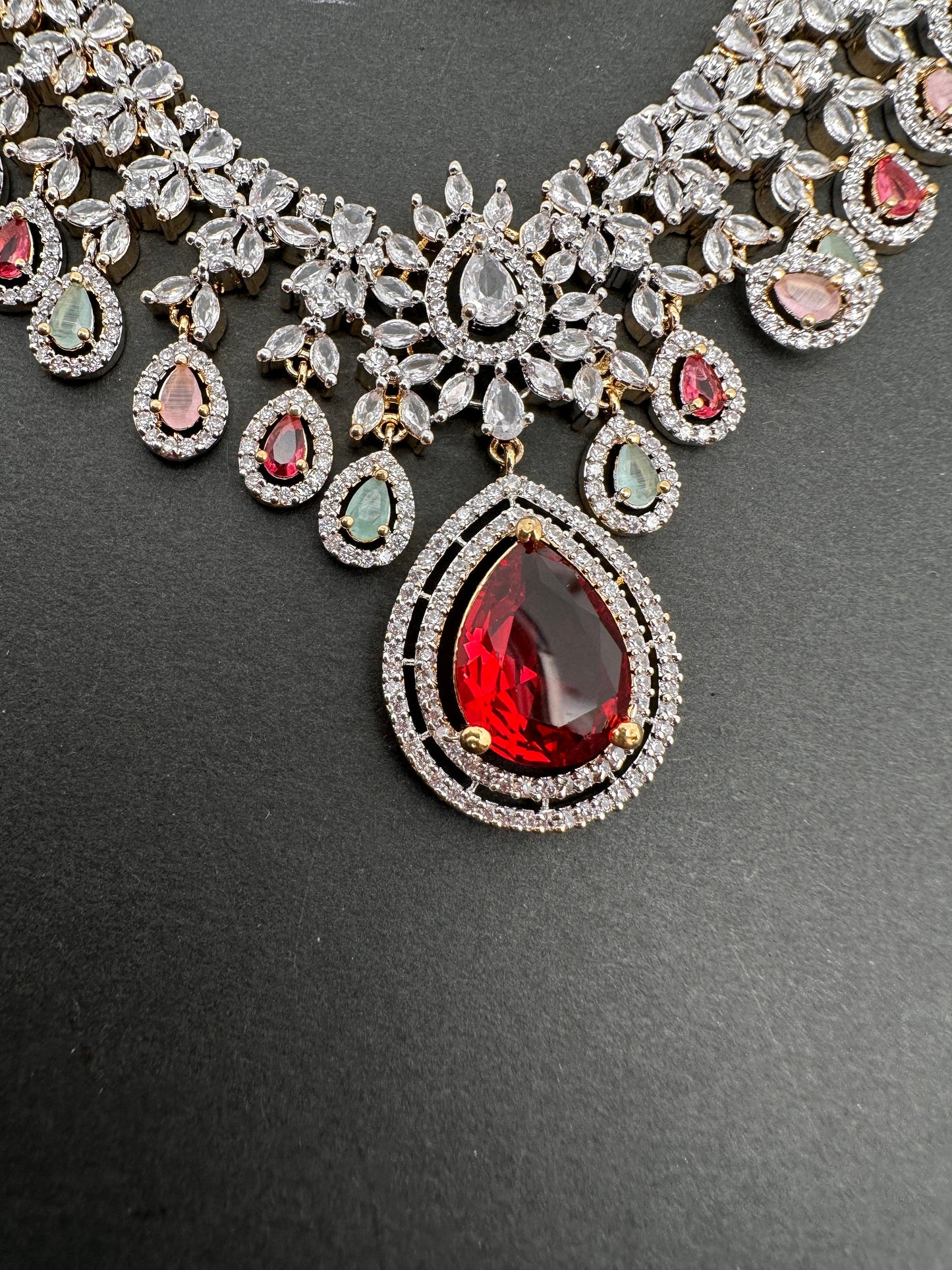 AD Red Stone Multi Color Links Short Necklace