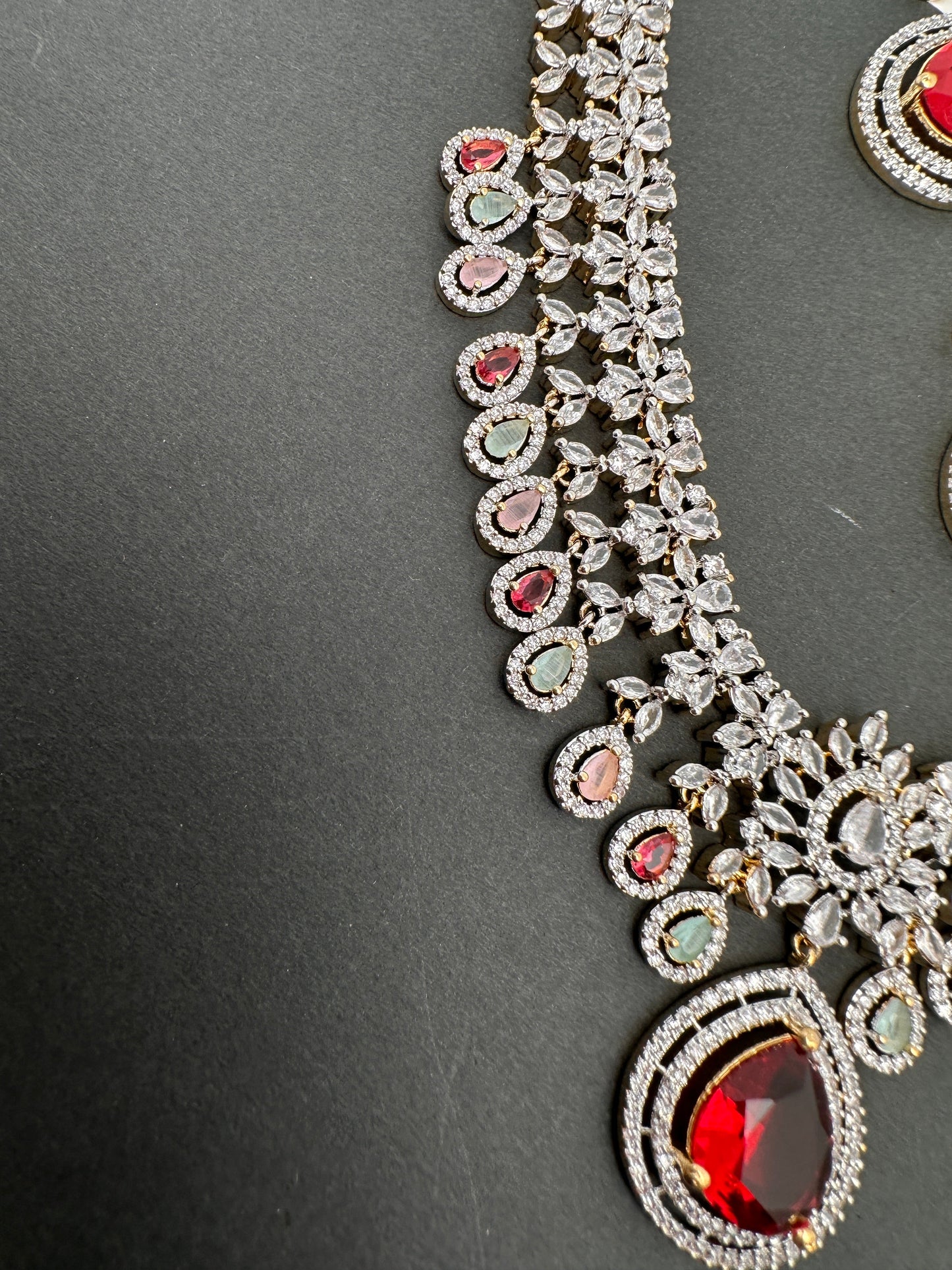 AD Red Stone Multi Color Links Short Necklace