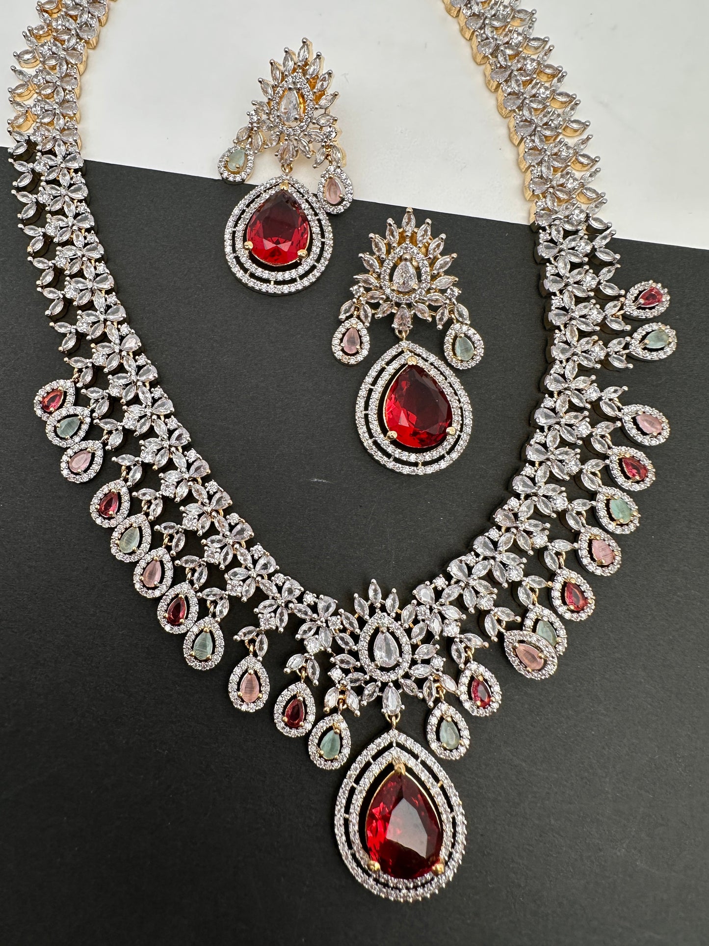 AD Red Stone Multi Color Links Short Necklace