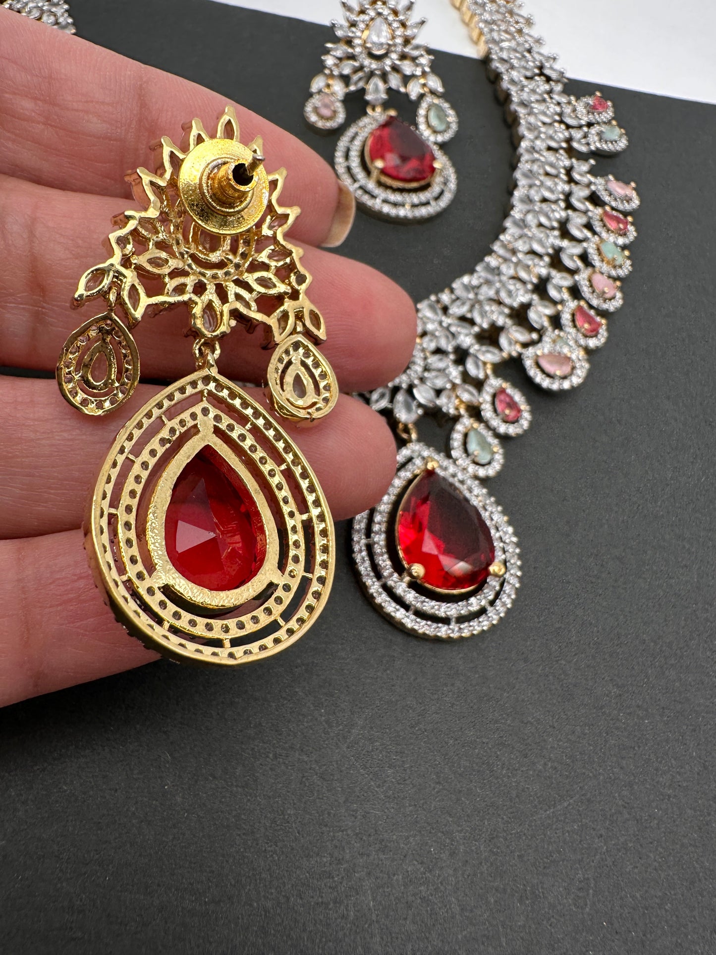 AD Red Stone Multi Color Links Short Necklace
