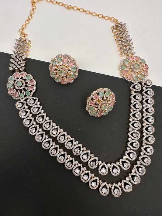 Mint Green N Pink Diamond Necklace Set/ad Necklace 