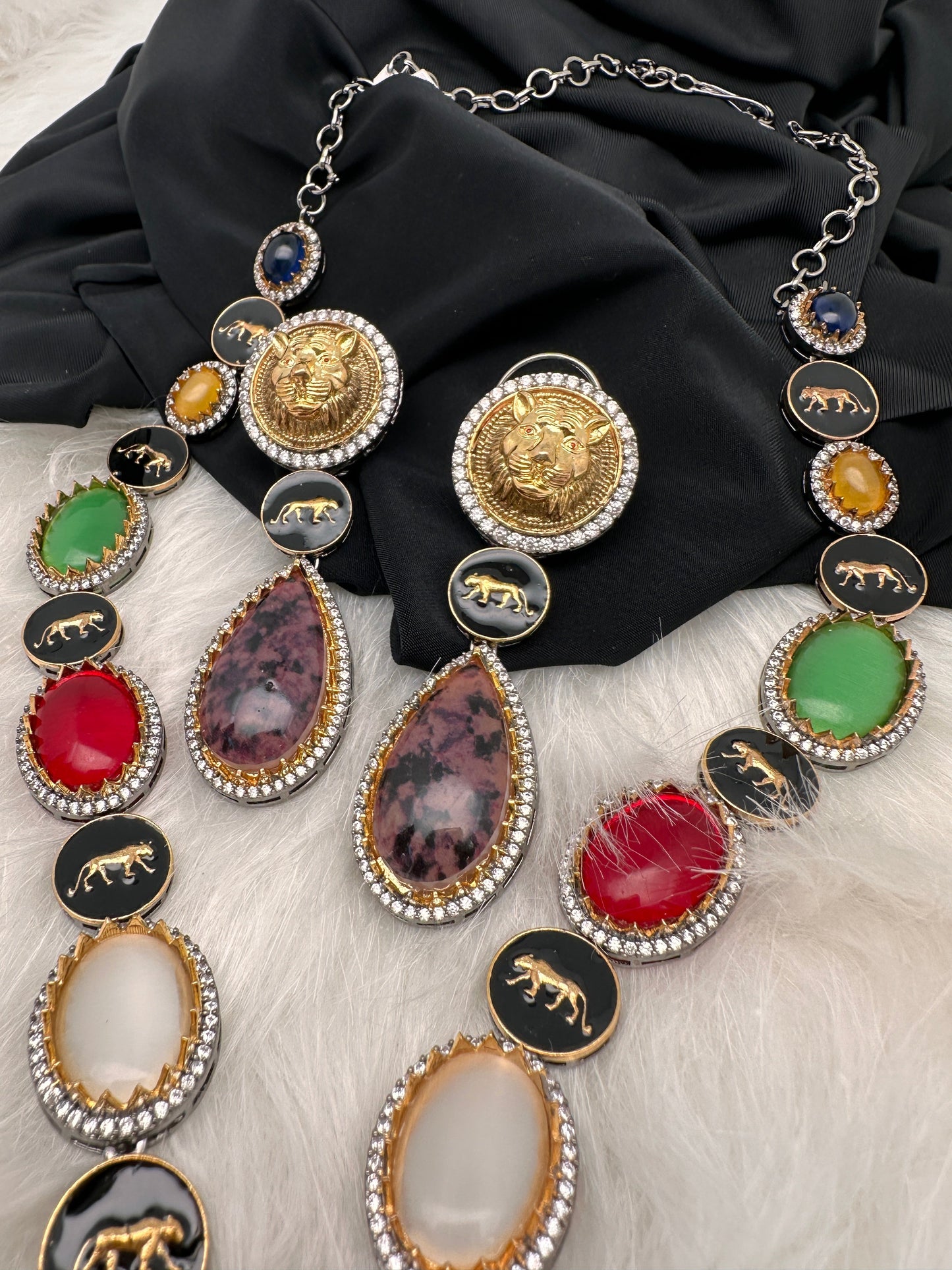 AD Multi Color Oval Stone Sabyasachi Inspired Short Necklace