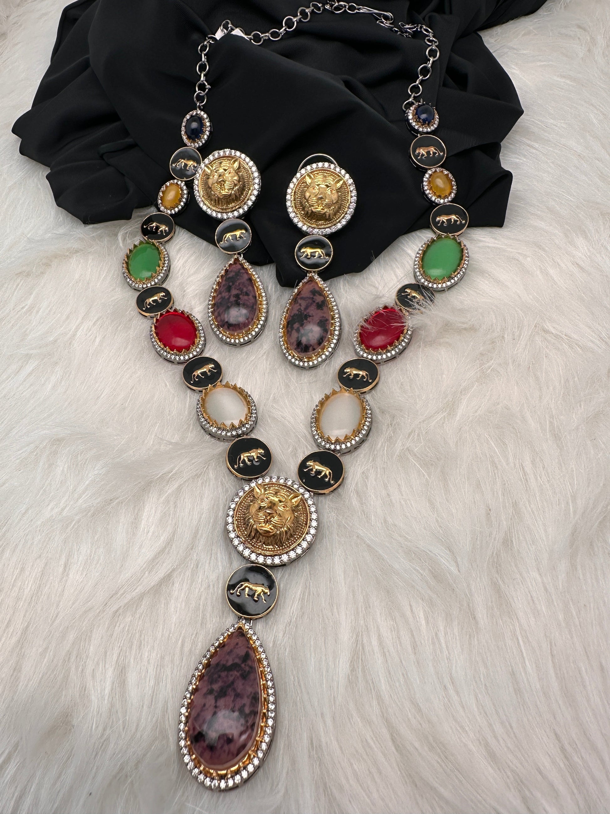 AD Multi Color Oval Stone Sabyasachi Inspired Short Necklace