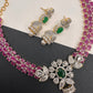 AD Color Stone Floral Design Neckline Short Necklace - Pink