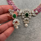 AD Color Stone Floral Design Neckline Short Necklace - Pink