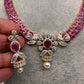 AD Color Stone Floral Design Neckline Short Necklace - Red